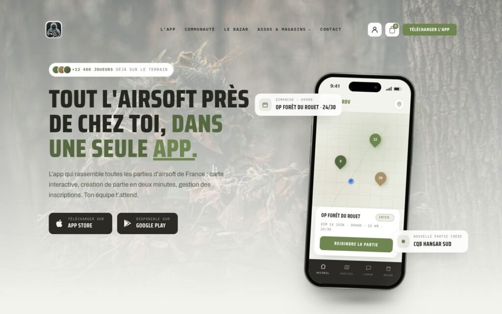 Page d'accueil du site AirsoftRDV, application d'airsoft