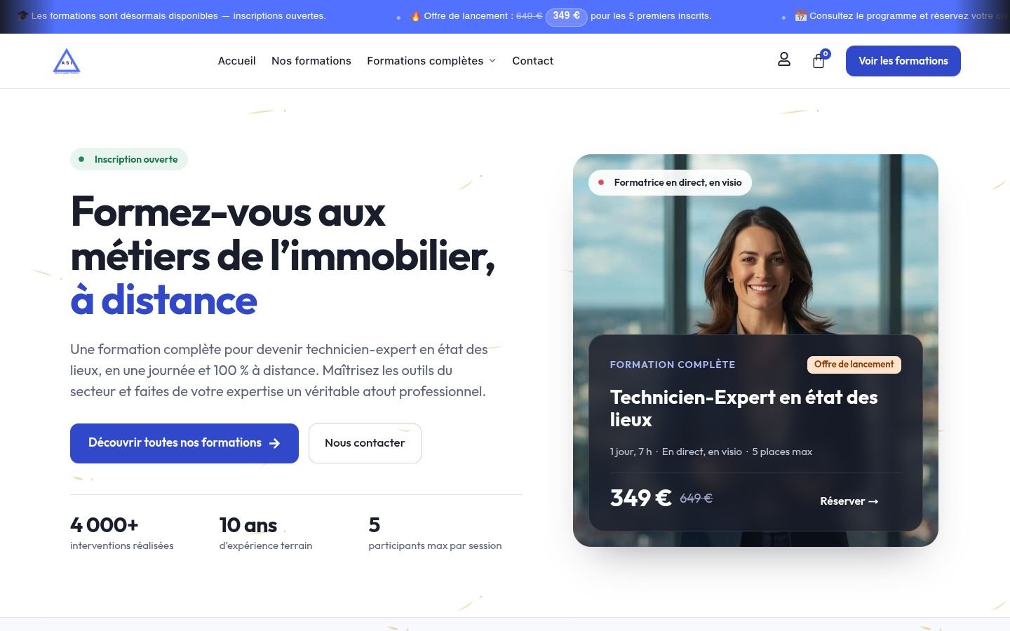 Page d'accueil du site de formations ASI, Agence des Solutions Immobilières