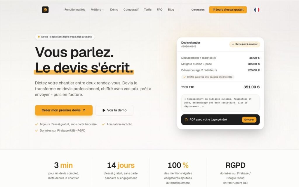 Page d'accueil du site Devia, logiciel de devis vocal pour artisans