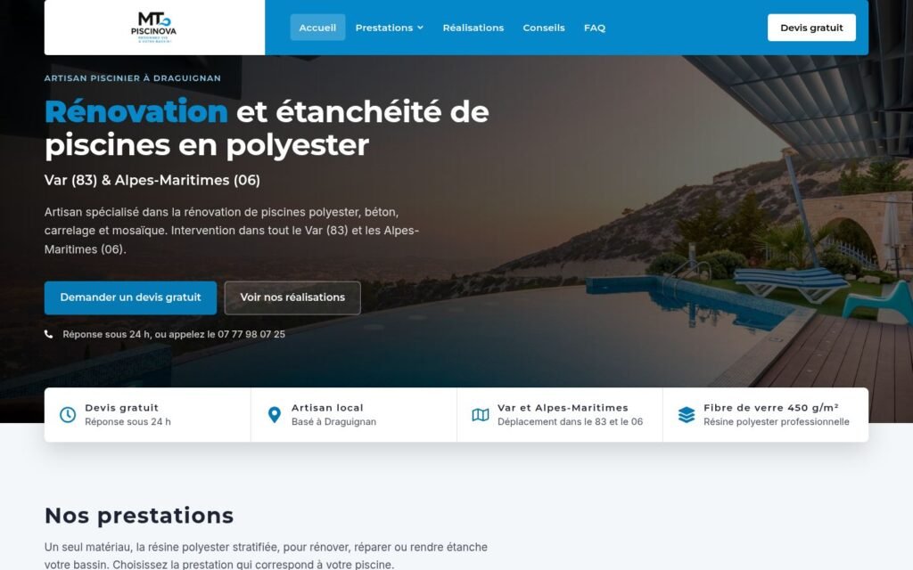 Page d'accueil du site MT Piscinova, rénovation de piscines polyester