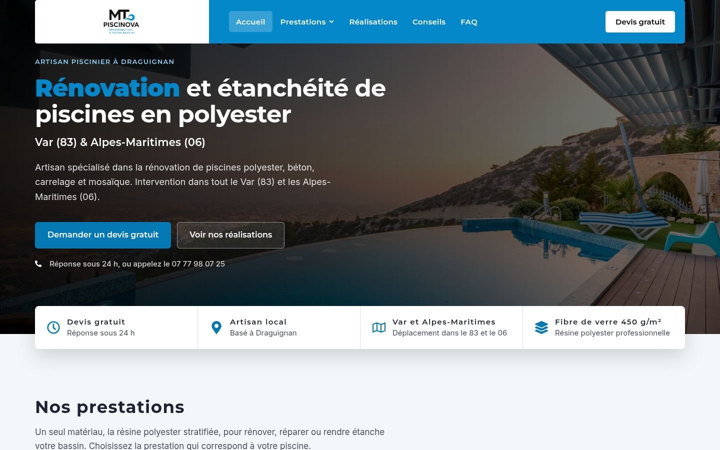 Page d'accueil du site MT Piscinova