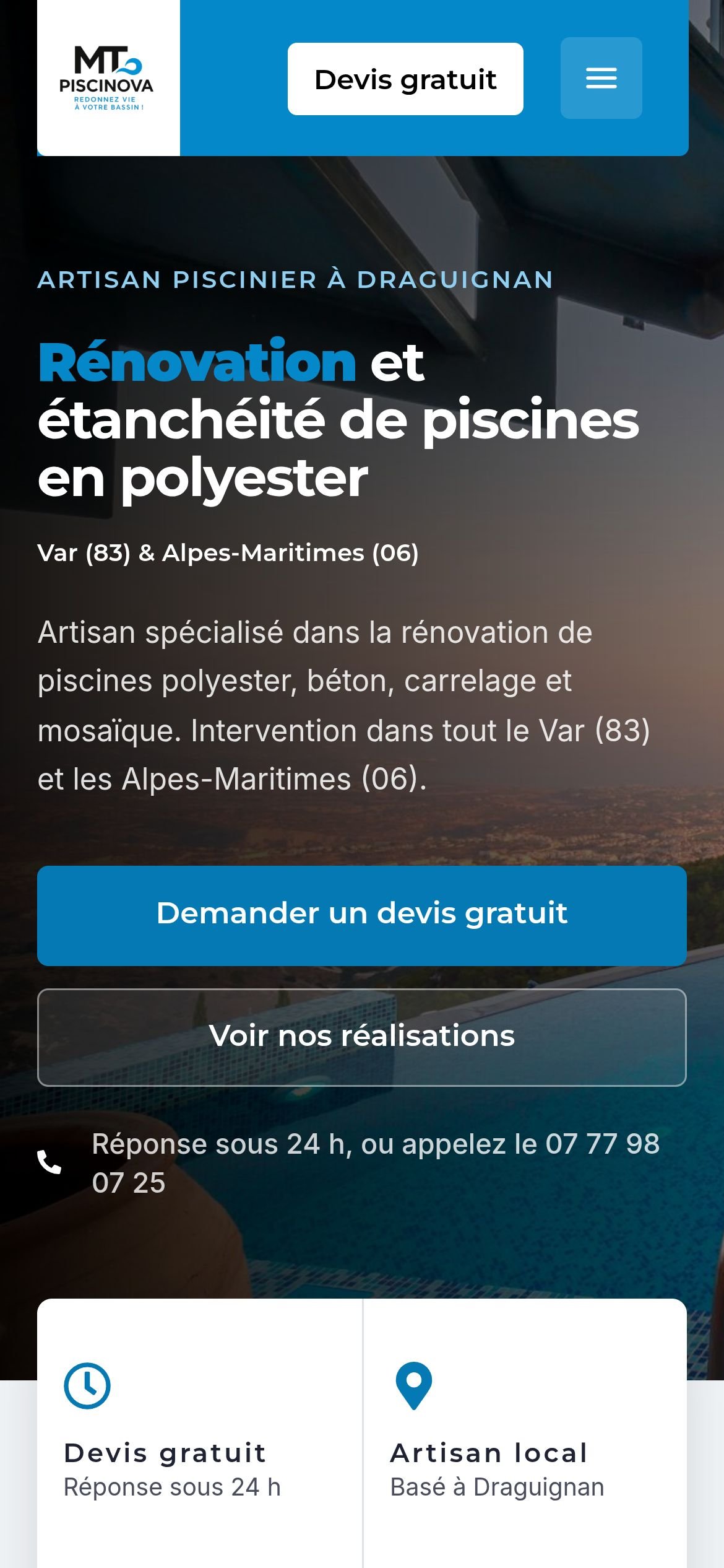 Site MT Piscinova affiché sur mobile