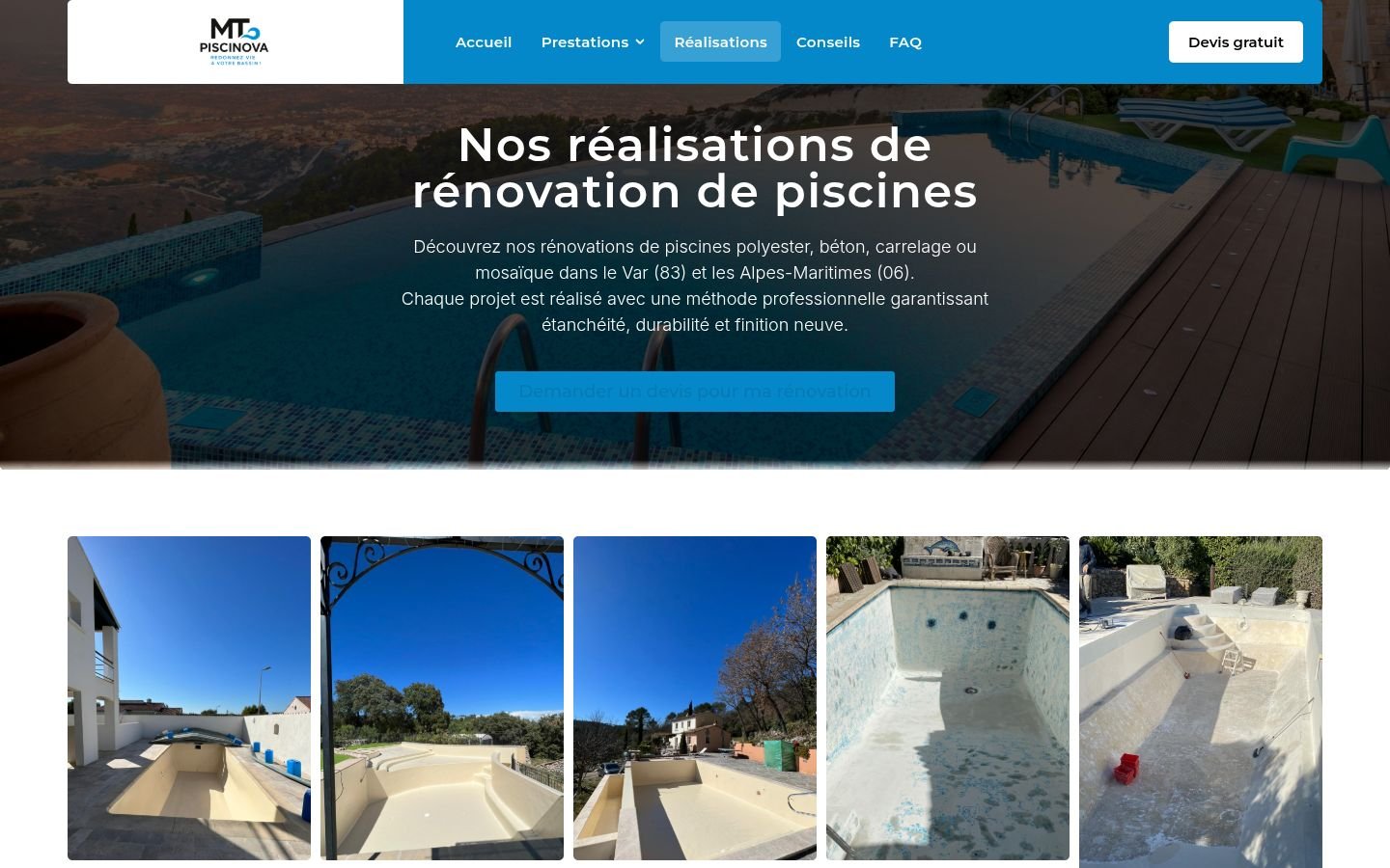 Page réalisations avant / après du site MT Piscinova
