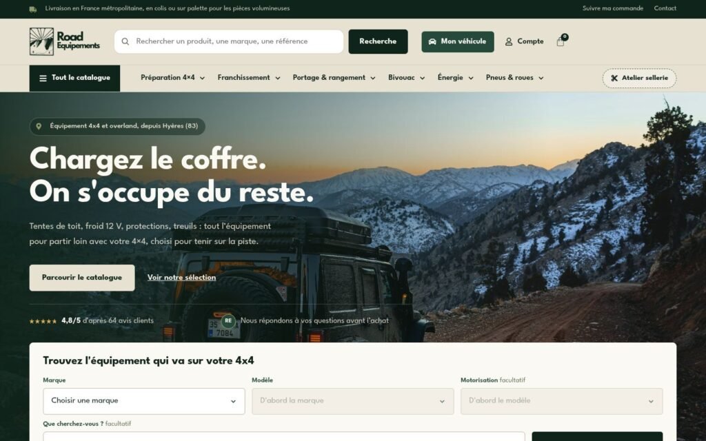 Page d'accueil de la boutique Road Equipements, équipement 4x4