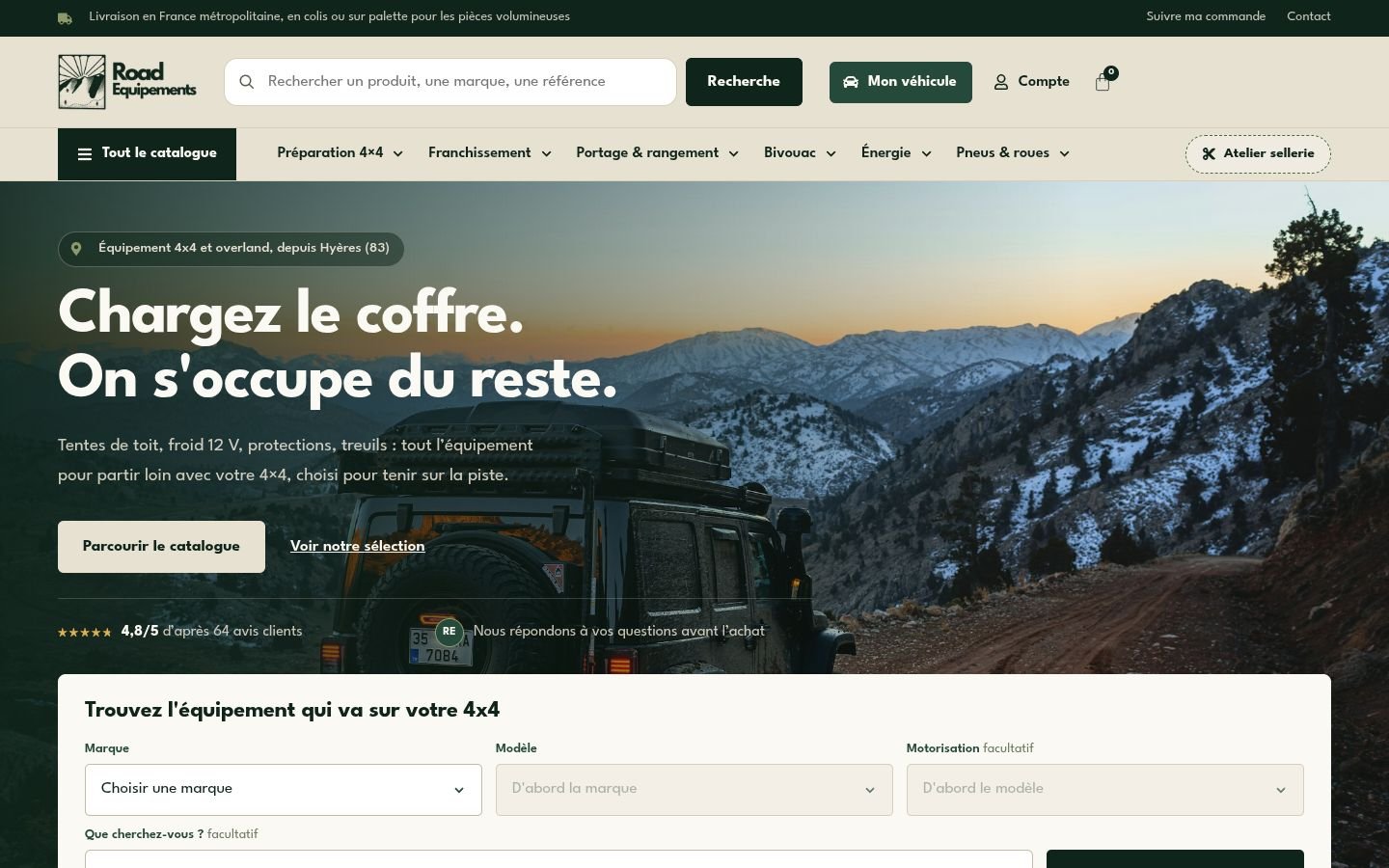 Page d'accueil de la boutique Road Equipements, équipement 4x4