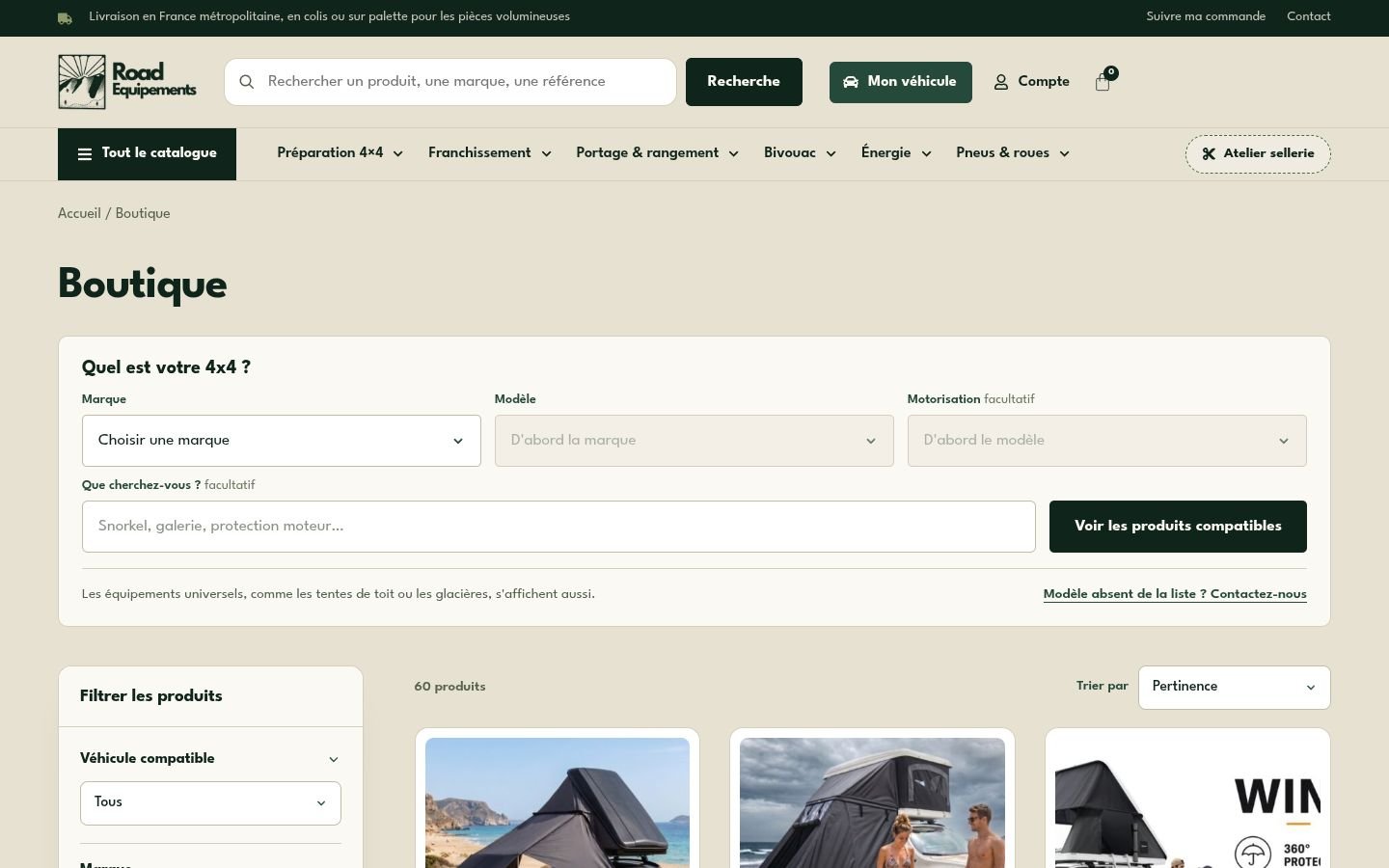 Catalogue avec filtres de la boutique Road Equipements