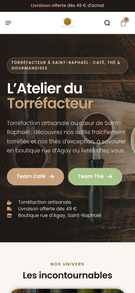 Boutique L'Atelier du Torréfacteur affichée sur mobile