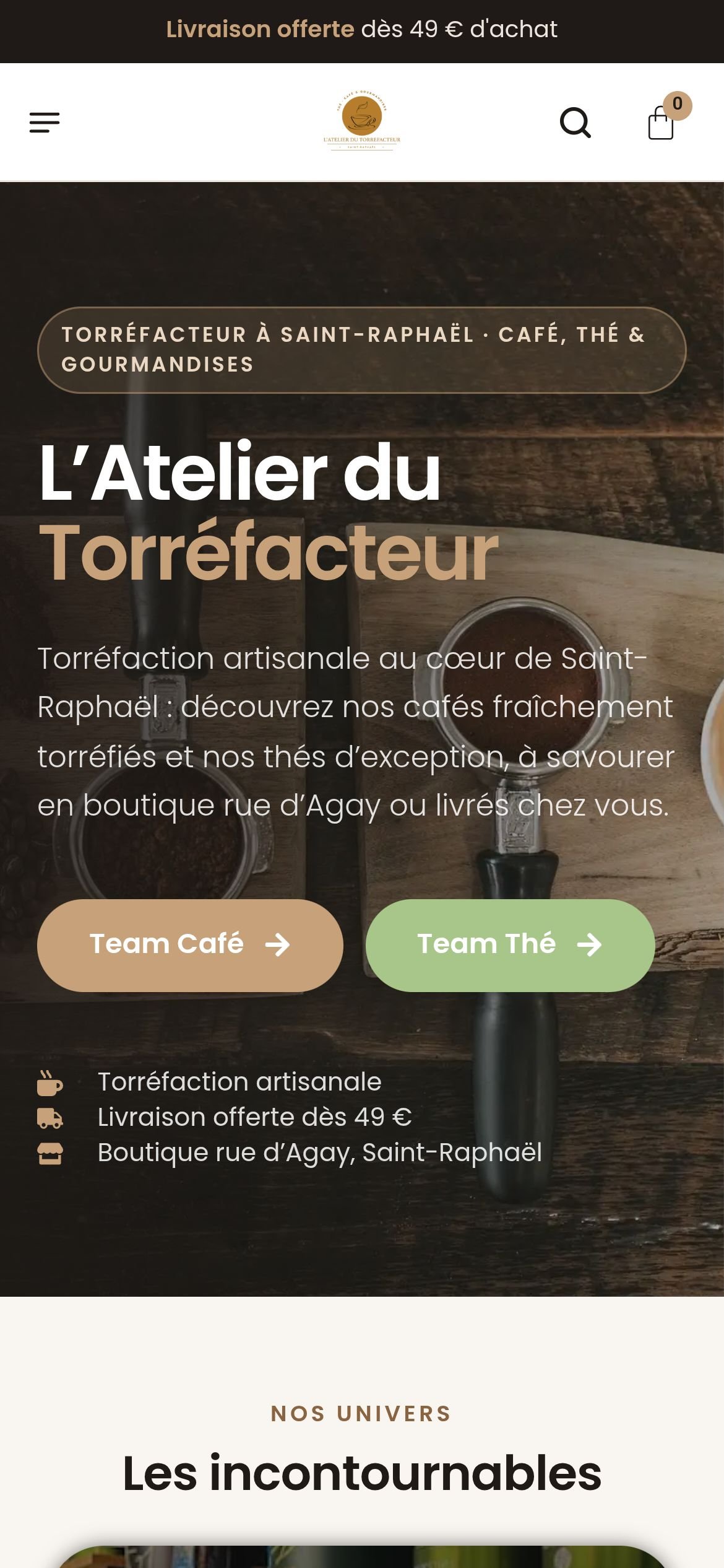 Boutique L'Atelier du Torréfacteur affichée sur mobile